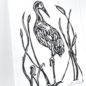 Linoleum Print Sandhill Crane Cattails Original Florida Wildlife Lino prints, Crane wall art 5x7, Birder Gift image 2