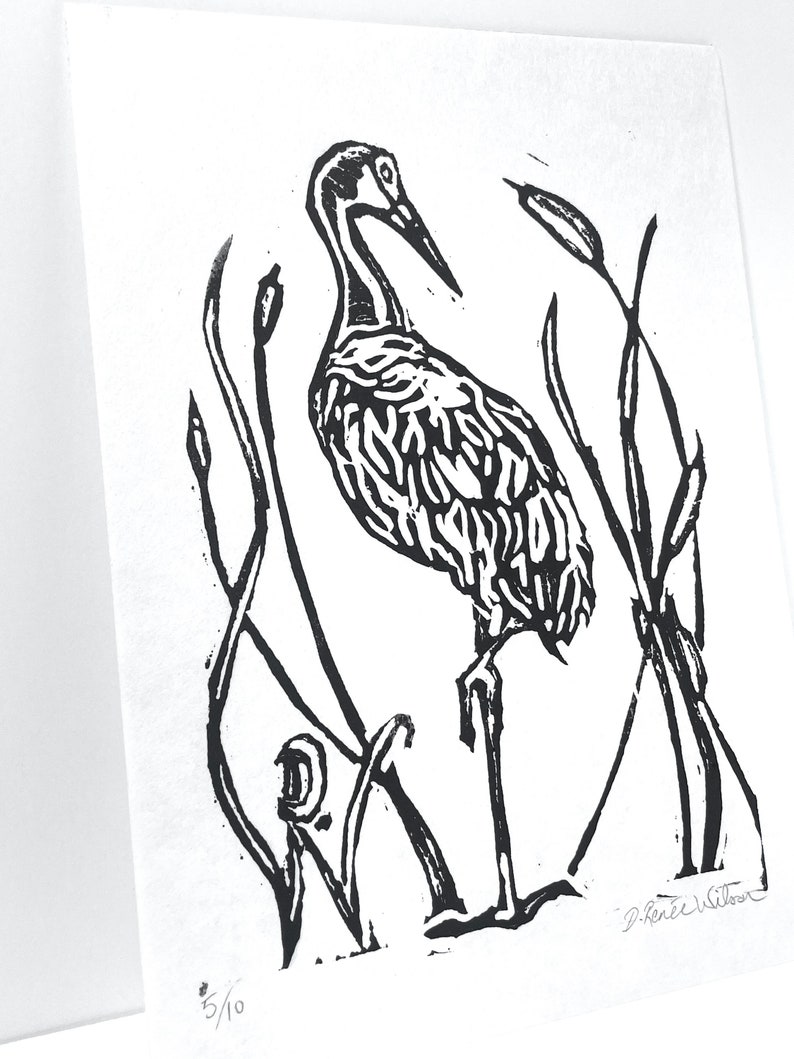 Linoleum Print Sandhill Crane Cattails Original Florida Wildlife Lino prints, Crane wall art 5x7, Birder Gift image 2