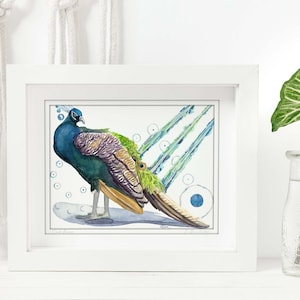 May include: A framed watercolor painting of a peacock with blue, green, and brown feathers. The background is white with abstract blue and green shapes.