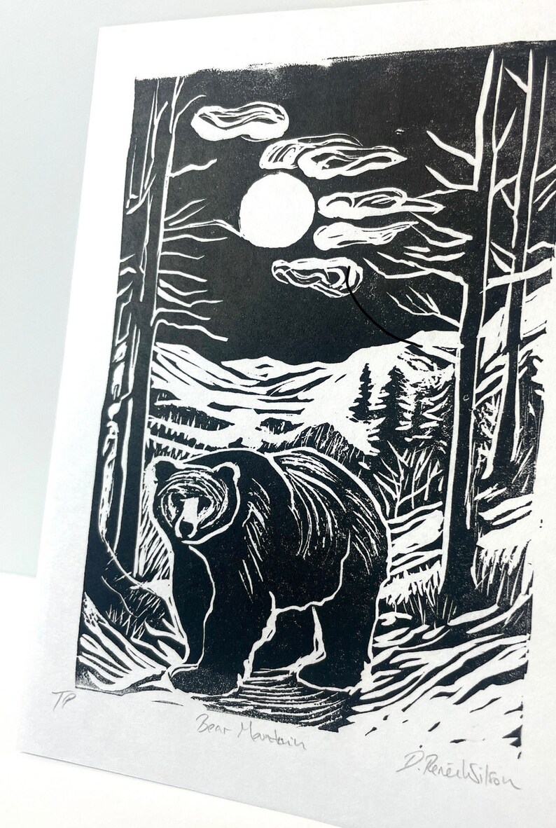 Black Bear Mountain Linocut Print, Appalachian Animals Handmade Prints, Outdoorsy Wall Art, Modern Cabin Decor image 7