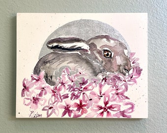 Original Watercolor Rabbit Painting Eclectic Mixed Media Artwork, Spring Equinox Decor, Hare Moon Ostara