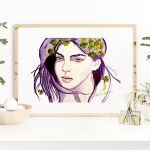 Impresión artística de una diosa celta: retrato en acuarela, decoración de dormitorio con trébol