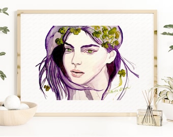 Celtic Goddess Art Print Watercolor Portrait, Clover Bedroom Decor