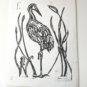 Linoleum Print Sandhill Crane Cattails Original Florida Wildlife Lino prints, Crane wall art 5x7, Birder Gift image 8