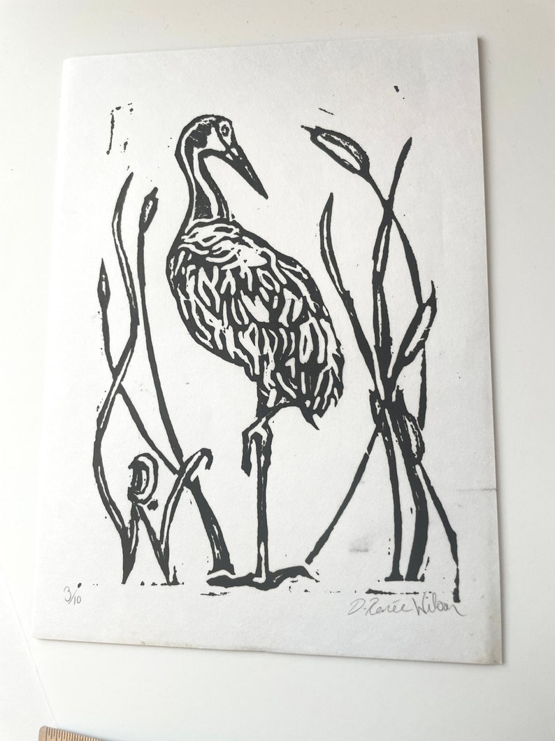 Linoleum Print Sandhill Crane Cattails Original Florida Wildlife Lino prints, Crane wall art 5x7, Birder Gift image 8