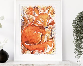 Red Fox Watercolor Art Print, Nursery Decor Forest Animal Painting, Artwork for Modern Cabin, Woodland Wildlife Wall Art