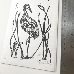 Linoleum Print Sandhill Crane Cattails Original Florida Wildlife Lino prints, Crane wall art 5x7, Birder Gift image 3