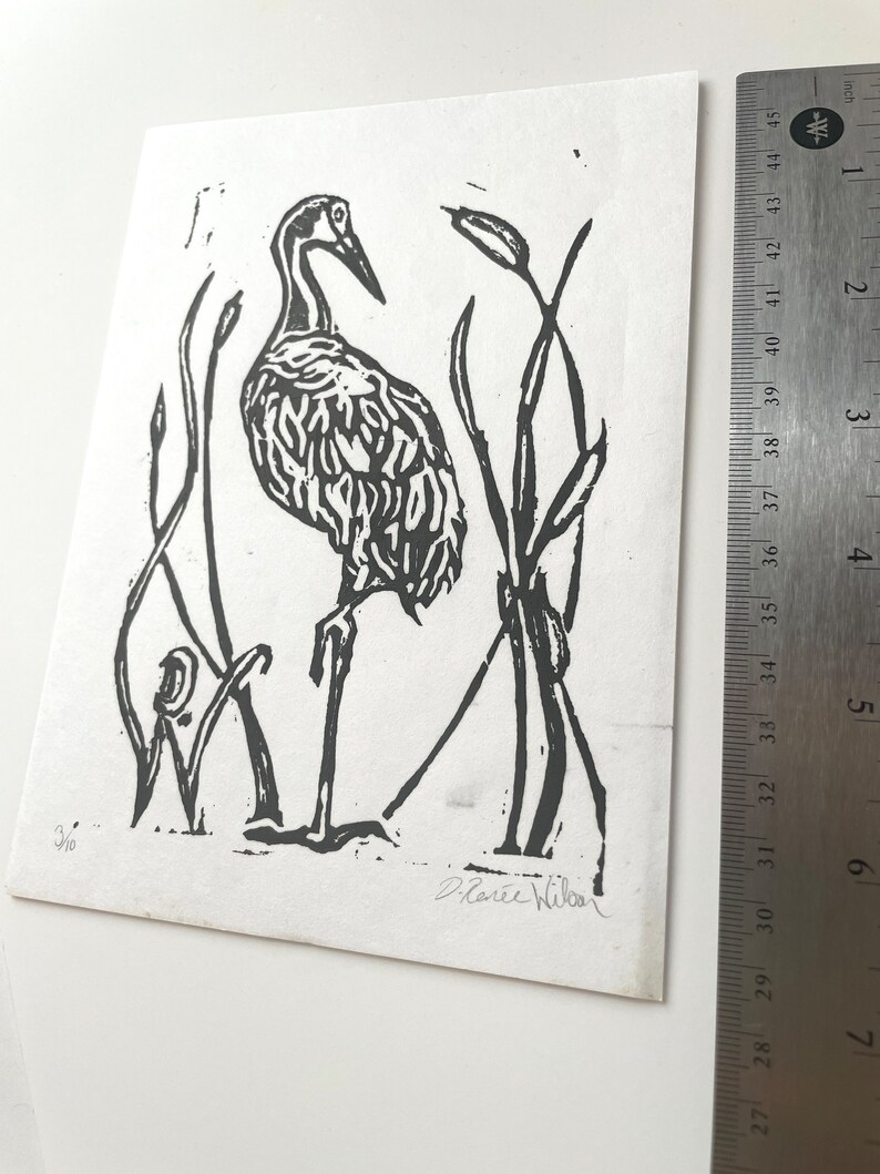 Linoleum Print Sandhill Crane Cattails Original Florida Wildlife Lino prints, Crane wall art 5x7, Birder Gift image 3