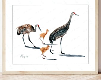 Sandhill Crane Family Watercolor Art Print: Florida Bird Painting, Matted