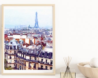 Eiffel Tower Print Paris Watercolor Printemps Rooftops Travel Wall Art, Parisian Decor for Girls Bedroom