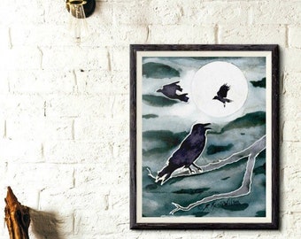 Crow Watercolor Printable Raven Painting Moon Art Printable Wall Art Witchy Decor Digital Print DIY Decor Magical Gifts