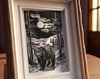 Black Bear Mountain Linocut Print, Appalachian Animals Handmade Prints, Outdoorsy Wall Art, Modern Cabin Decor