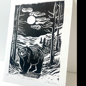 Black Bear Mountain Linocut Print, Appalachian Animals Handmade Prints, Outdoorsy Wall Art, Modern Cabin Decor image 4