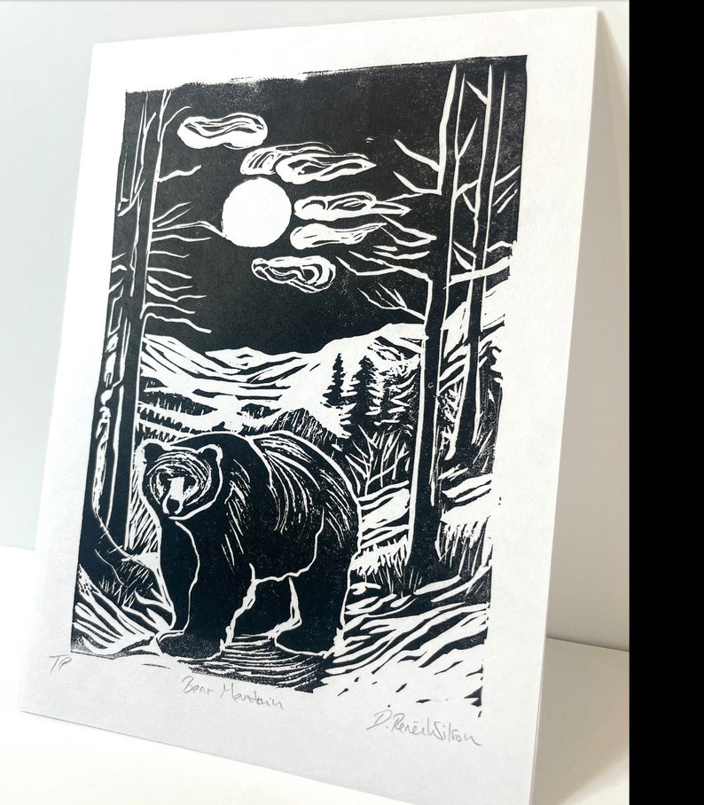 Black Bear Mountain Linocut Print, Appalachian Animals Handmade Prints, Outdoorsy Wall Art, Modern Cabin Decor image 4