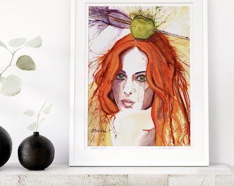 Redhead Woman Art Print Watercolor Painting Portrait, Celtic Mythology, Archery Goddess Wall Art