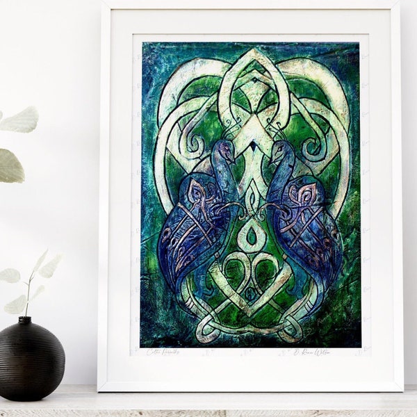 Peacock Artwork, Books of Kells inspired Fine Art Print, Celtic Knotwork Bird Painting