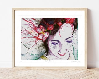 Apple Blossoms Print, Young Woman Watercolor Portrait, Wall Art Under 30