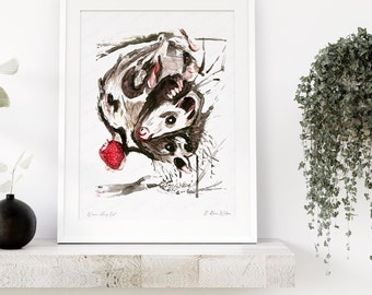 Opossum Painting Watercolor Print, Woodland Creatures, Wildlife Wall Art, Modern Cabin Decor