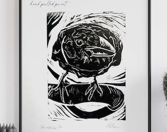 Crow Art Print Linocut Limited Edition, Hand Pulled Block Print