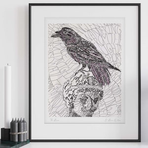 May include: Black and white illustration of a raven perched on a branch, created entirely from words. The words are in a variety of fonts and sizes, and they create a complex and intricate design. The raven is depicted in a realistic style, with its feathers and beak rendered in detail. The words "The Raven" and "D. Rees Wilson" are visible at the bottom of the image.