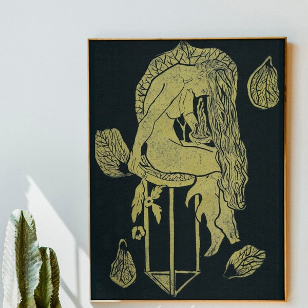 Oracle at Delphi Pythia Mystical Art, Henbane Linoleum Print, Hand Pulled Limited Edition