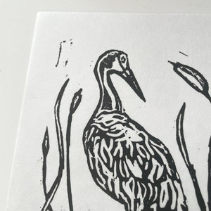Linoleum Print Sandhill Crane Cattails Original Florida Wildlife Lino prints, Crane wall art 5x7, Birder Gift image 7