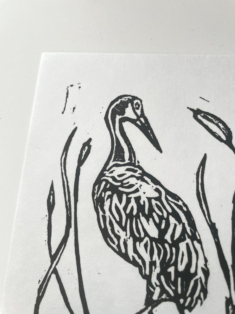 Linoleum Print Sandhill Crane Cattails Original Florida Wildlife Lino prints, Crane wall art 5x7, Birder Gift image 7