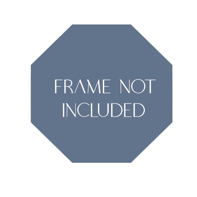 Op de afbeelding: Een blauwgrijze achthoekige vorm met de woorden "FRAME NOT INCLUDED" in het wit, gecentreerd. De tekst is in een strak, schreefloos lettertype. De achtergrond is effen wit.