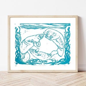 Manatee Wall Art, Florida Wildlife Artwork, Handpulled Linoleum Print