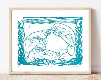 Manatee Wall Art, Florida Wildlife Artwork, Handpulled Linoleum Print