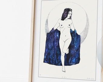 Celestial Watercolor Print, Moon Goddess Art, Divine Feminine Witchy Indie Room Decor