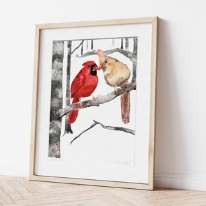 Northern Cardinal Couple Watercolor Painting Print Male and Female Red Bird Pair, Birder Gift, Meaningful Artwork Home Decor