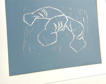 Manatee Art Linocut, Matted Linoleum Print Limited Edition Ready to Frame, Florida Wildlife Meaningful Gifts