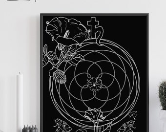 Botanische afdruk door Datura: grillig decor, pentagram van Venus (digitale download)