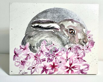 Hare Painting, Rabbit Watercolor Original Small Paintings,Bunny Pink Moon Goddess Art
