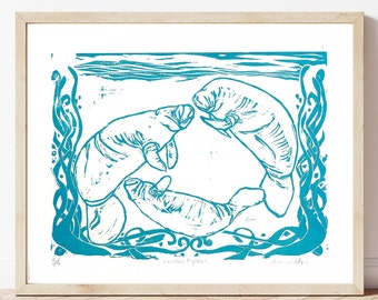 Manatee Wall Art Linoleum Print, Handpulled Florida Wildlife Art Limited Edition