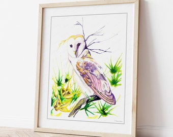 Barn Owl Painting Watercolor Art Print, Woodland Creatures Decor, Whimsical Wildlife