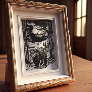 Black Bear Mountain Linocut Print, Appalachian Animals Handmade Prints, Outdoorsy Wall Art, Modern Cabin Decor image 1