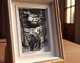 Black Bear Mountain Linocut Print, Appalachian Animals Handmade Prints, Outdoorsy Wall Art, Modern Cabin Decor