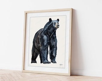 Black Bear Artwork, Watercolor Painting Animal Prints, Limited Edition Wildlife Artwork, Modern Cabin Decor