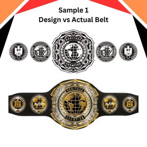 May include: A black and gold championship belt with a large central plate featuring a globe and the words "Heritage Champion". The belt has smaller side plates with the words "World Wrestling" and a logo.