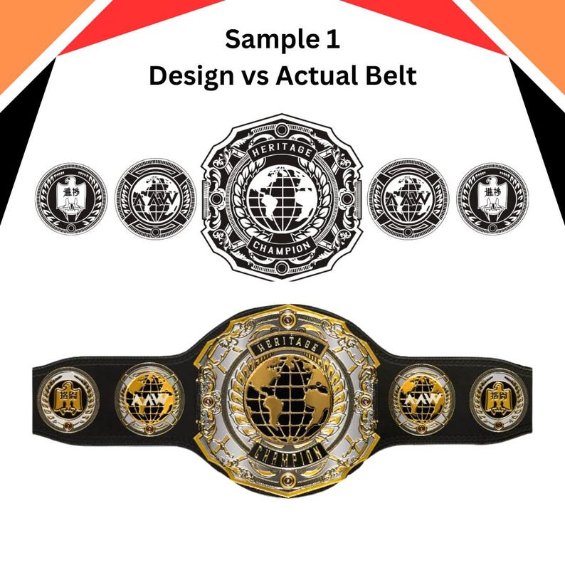 May include: A black and gold championship belt with a large central plate featuring a globe and the words "Heritage Champion". The belt has smaller side plates with the words "World Wrestling" and a logo.