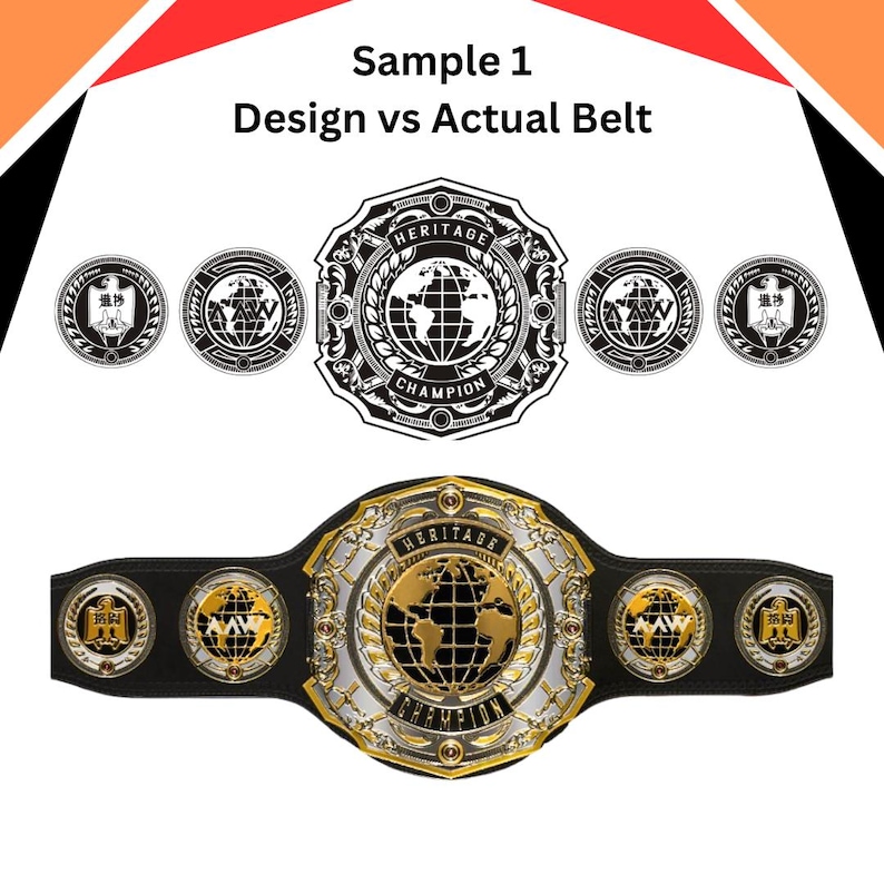 May include: A black and gold championship belt with a large central plate featuring a globe and the words "Heritage Champion". The belt has smaller side plates with the same globe design and the words "Heritage Champion".