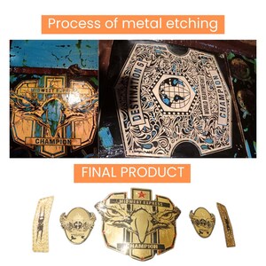 May include: A gold-colored metal belt buckle with a black eagle design and the text "MIDWEST EXPRESS" and "CHAMPION". The belt buckle is a finished product, shown next to the steps of the metal etching process.