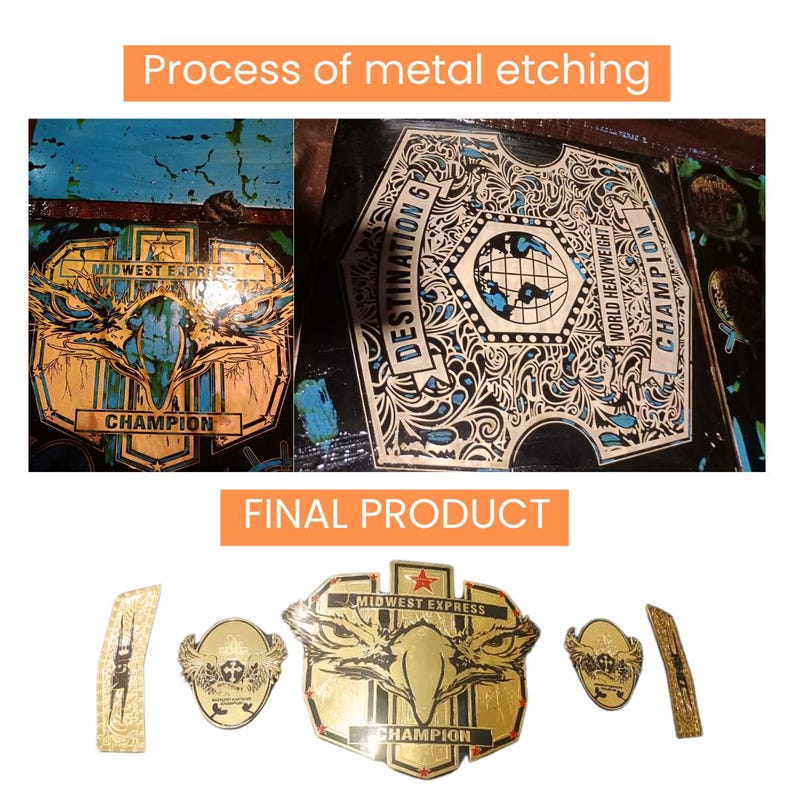 May include: A gold-colored metal belt buckle with a black eagle design and the text "MIDWEST EXPRESS" and "CHAMPION". The belt buckle is a finished product, shown next to the steps of the metal etching process.