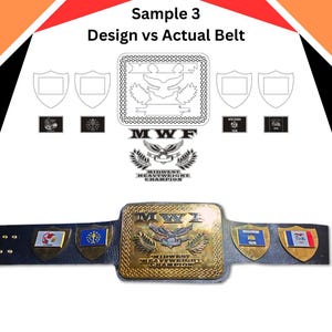 May include: A gold wrestling championship belt with a black leather strap. The centre plate features the text "MWF" and "MIDWEST HEAVYWEIGHT CHAMPION" with a winged eagle design. The belt has three side plates with the flags of Wisconsin, the United States, and the state of Illinois.