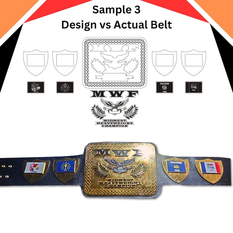 May include: A gold wrestling championship belt with a black leather strap. The centre plate features the text "MWF" and "MIDWEST HEAVYWEIGHT CHAMPION" with a winged eagle design. The belt has three side plates with the flags of Wisconsin, the United States, and the state of Illinois.