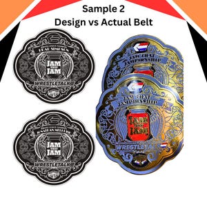 May include: A black and white design for a wrestling championship belt with the text "Jam That Jam" and "WrestleTalk" on it. The actual belt is gold with blue and red accents and features the same design.