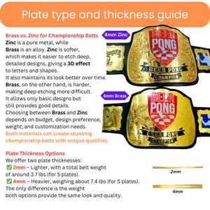 May include: A guide to choosing between brass and zinc plates for championship belts. The guide explains the differences in material properties and etching capabilities. It also shows two belt options, one with 2mm plates weighing 3.7 lbs and another with 4mm plates weighing 7.4 lbs.