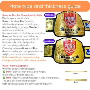 May include: A guide to choosing between brass and zinc plates for championship belts. The guide explains the differences in etching, weight, and cost. Two plate thickness options are shown: 2mm and 4mm. The 2mm option weighs approximately 3.7 pounds for 5 plates, while the 4mm option weighs about 7.4 pounds for 5 plates.
